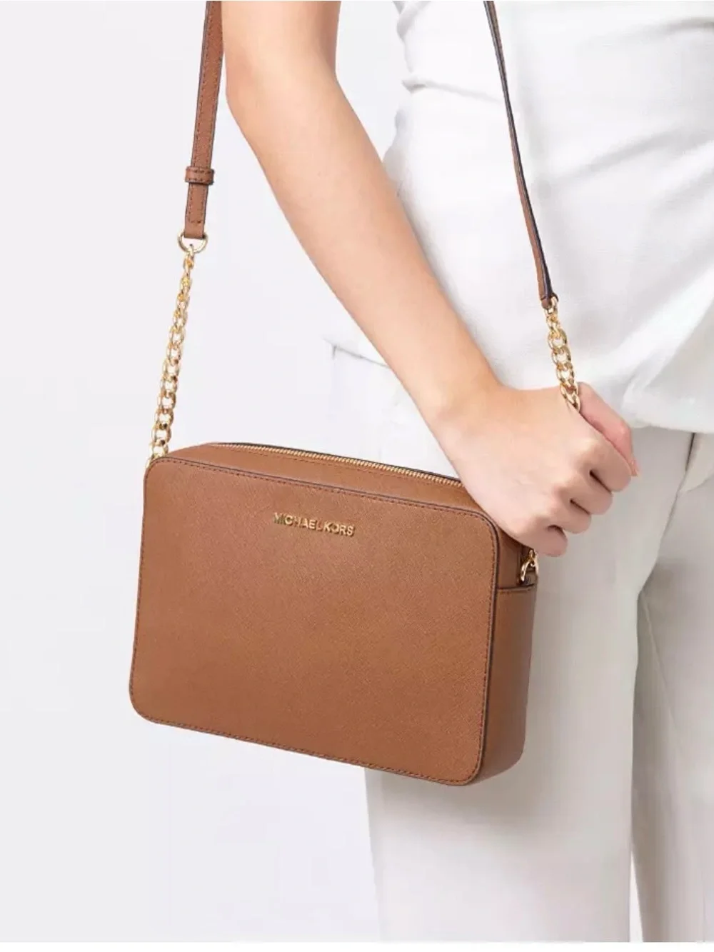 Michael Kors Brown Leather Crossbody with Gold Chain Accent
